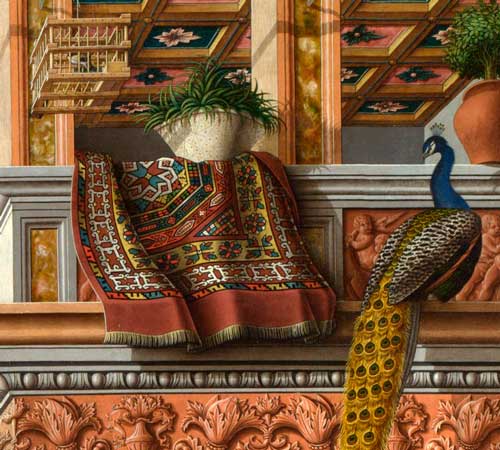Павлин, восточный ковер и щегол в клетке. Фрагмент картины Карло Кривелли «Благовещение со святым Эмидием» (1486 г.). Масло на панели. Национальная галерея, Лондон. Источник Wikimedia Commons