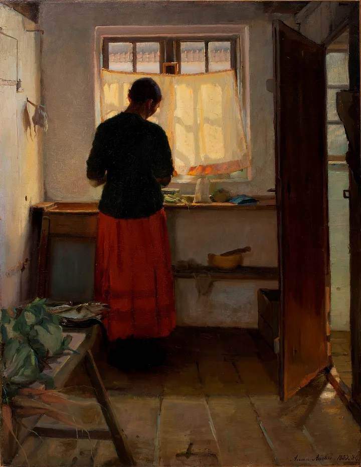 Горничная на кухне (1883–86) Анны Анчер. Масло на холсте. 87,7 × 68,5 см. Коллекция Хиршпрунга, Копенгаген, Дания.