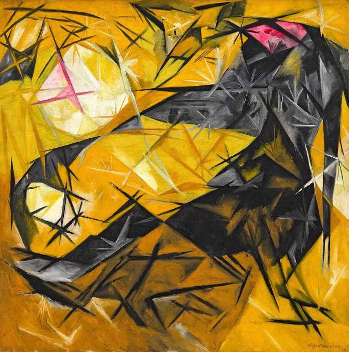 Кошки (1913) Натальи Гончаровой. Масло на холсте. 85 × 85 см. Музей Соломона Р. Гуггенхайма, Нью-Йорк, США