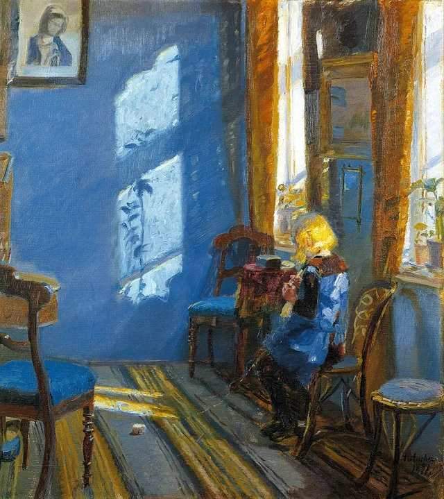 Солнечный свет в синей комнате (1891) Анны Анчер. Масло на холсте. 58,8 × 65,2 см. Музей Скагенса, Дания.